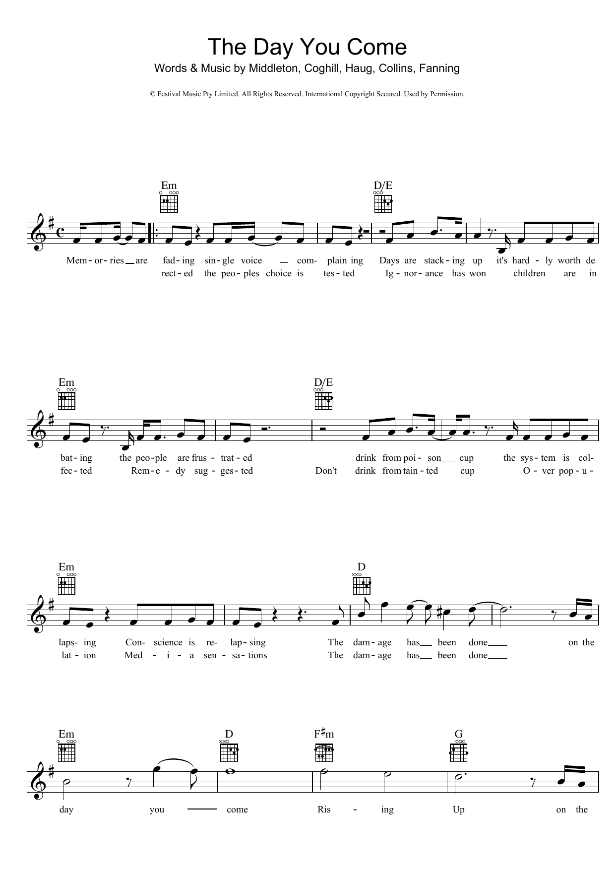 Powderfinger The Day You Come Sheet Music Notes & Chords for Melody Line, Lyrics & Chords - Download or Print PDF