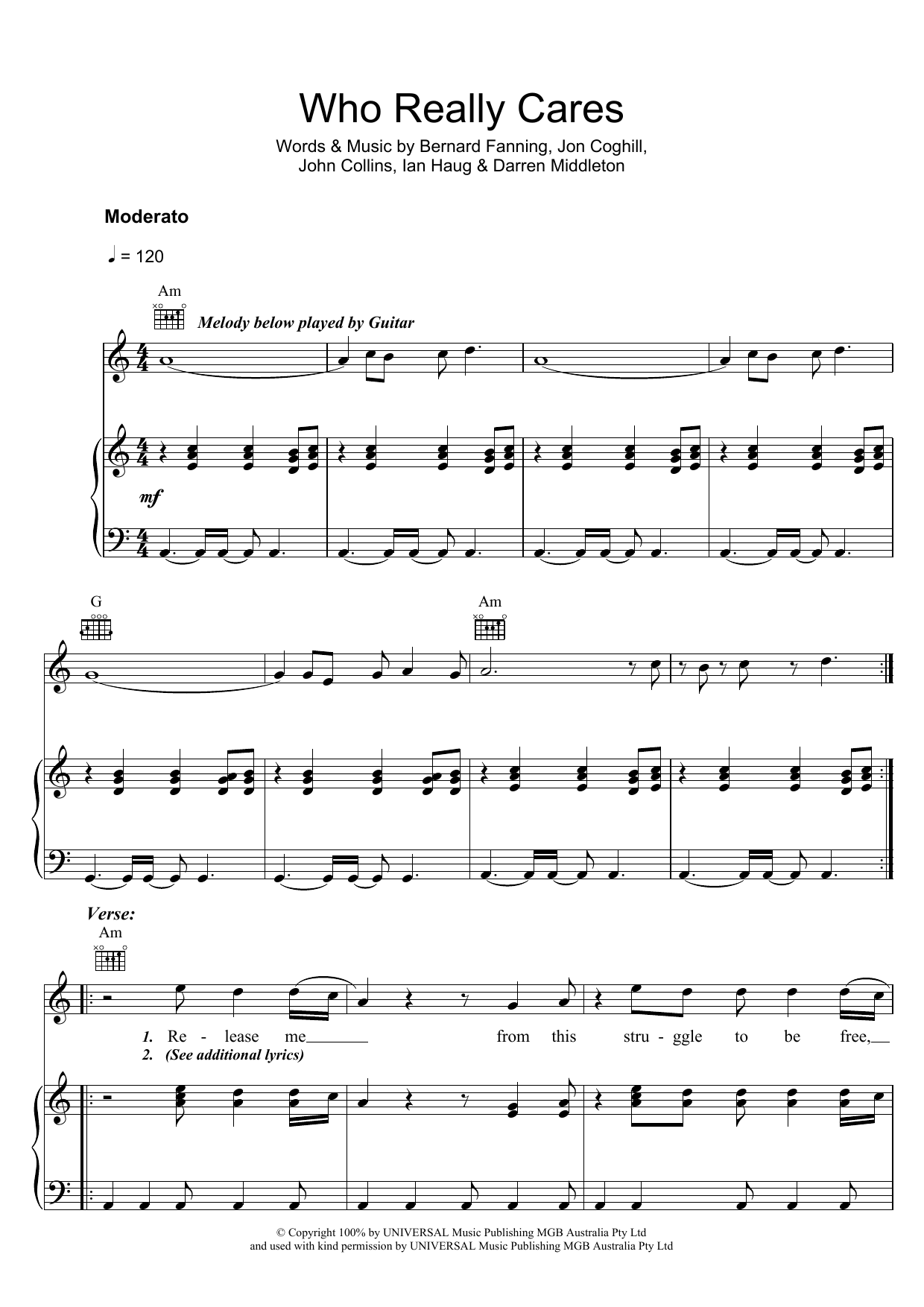 Powderfinger Who Really Cares Sheet Music Notes & Chords for Piano, Vocal & Guitar (Right-Hand Melody) - Download or Print PDF