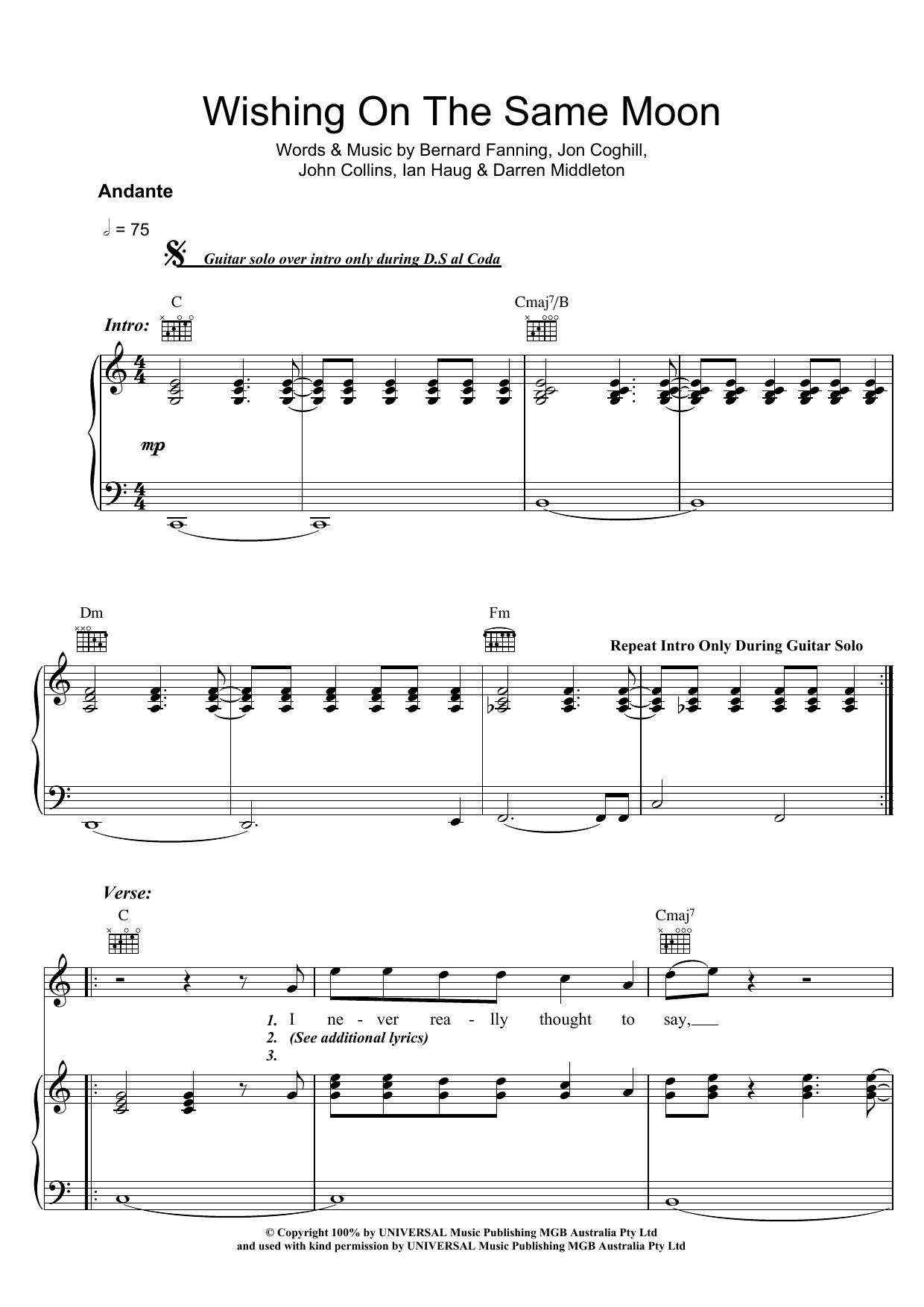 Powderfinger Wishing On The Same Moon Sheet Music Notes & Chords for Piano, Vocal & Guitar (Right-Hand Melody) - Download or Print PDF