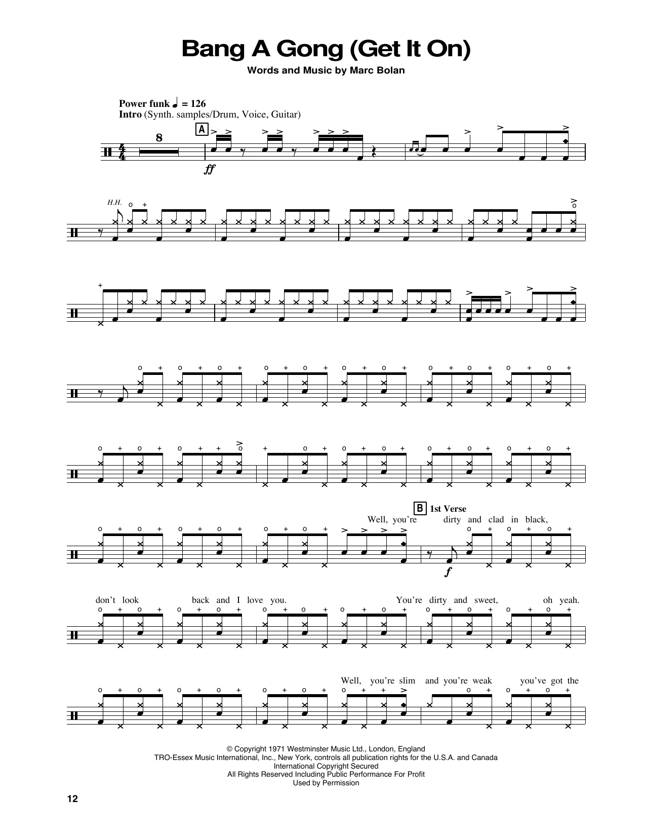 Power Station Bang A Gong (Get It On) Sheet Music Notes & Chords for Drums Transcription - Download or Print PDF