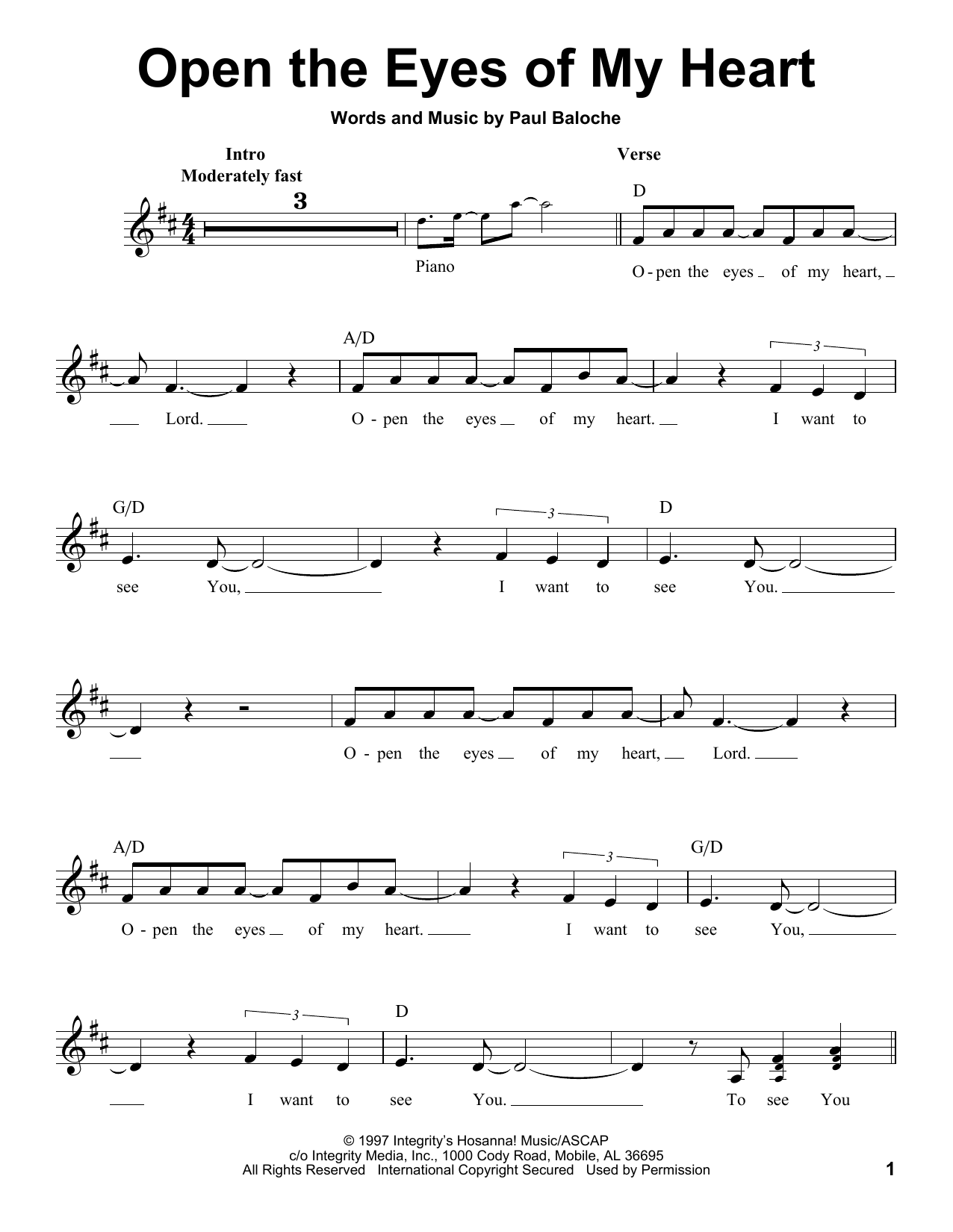 Praise Band Open The Eyes Of My Heart Sheet Music Notes & Chords for Voice - Download or Print PDF