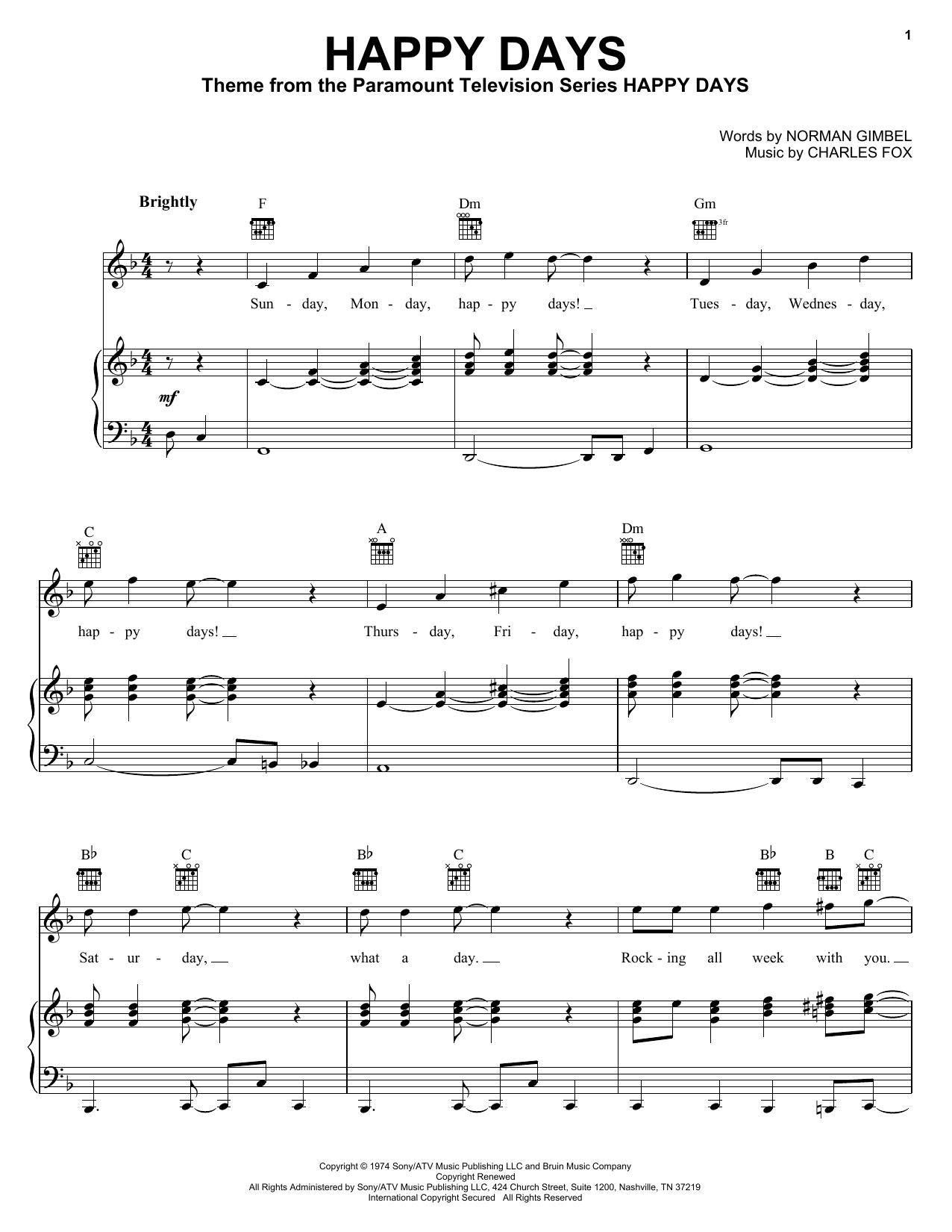 Charles Fox Happy Days (from the TV series) Sheet Music Notes & Chords for Easy Piano - Download or Print PDF