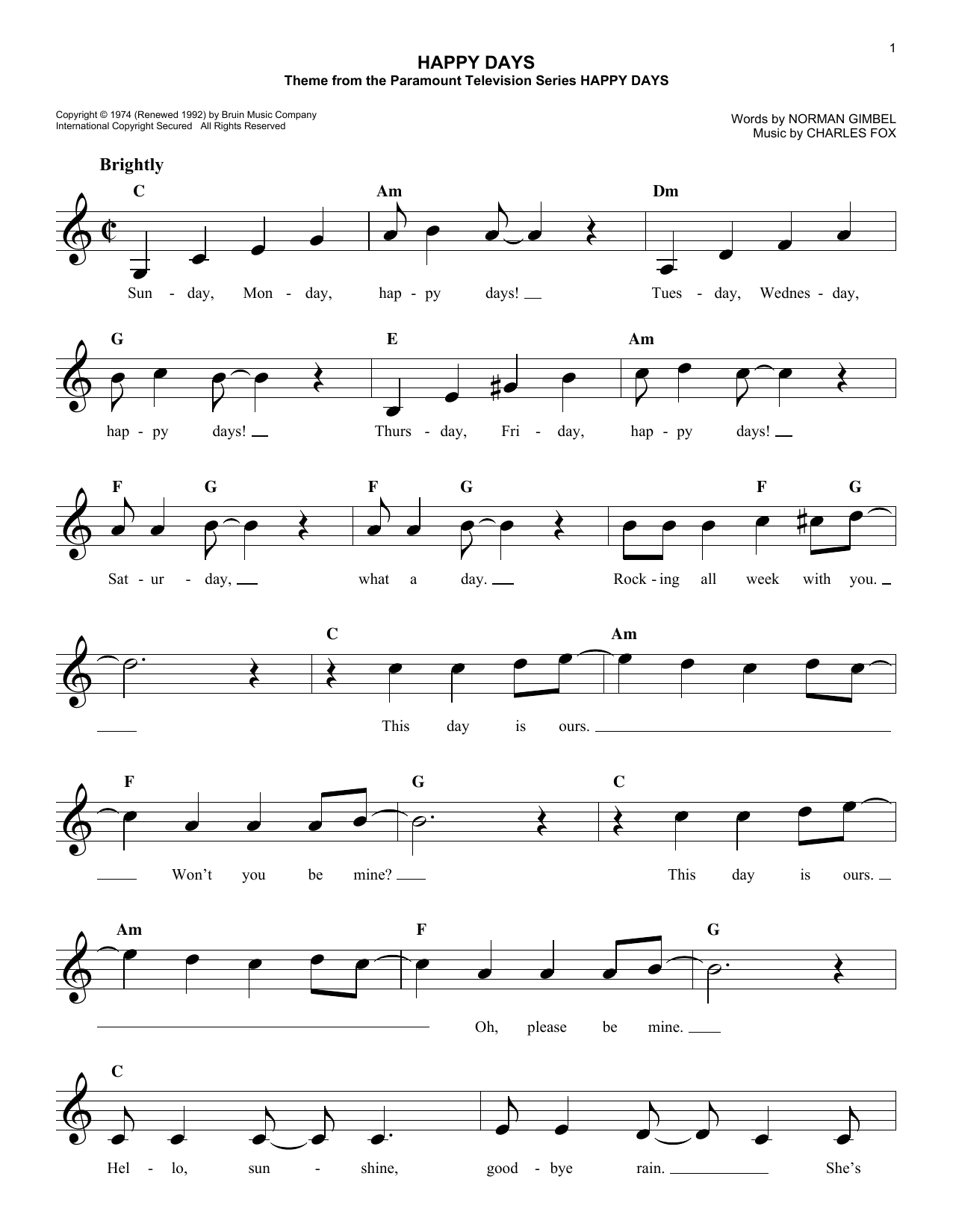 Pratt and McClain Happy Days Sheet Music Notes & Chords for Lead Sheet / Fake Book - Download or Print PDF