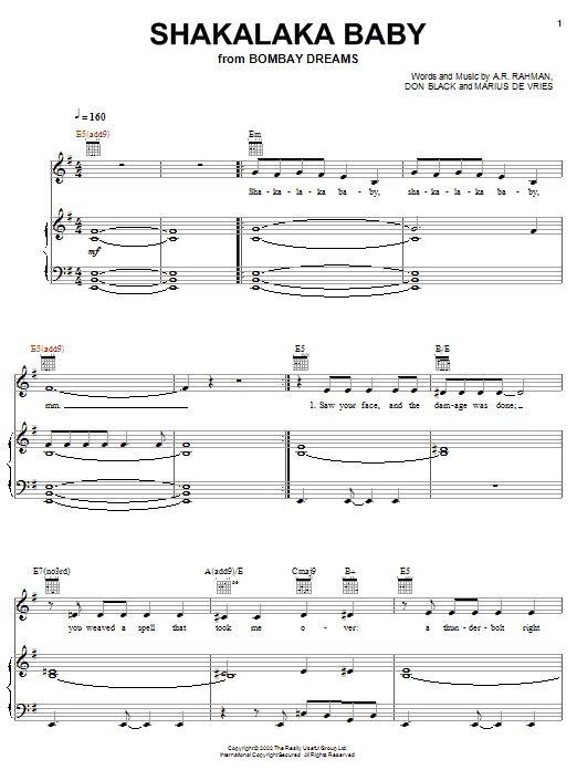 Preeya Kalidas Shakalaka Baby Sheet Music Notes & Chords for Piano, Vocal & Guitar (Right-Hand Melody) - Download or Print PDF