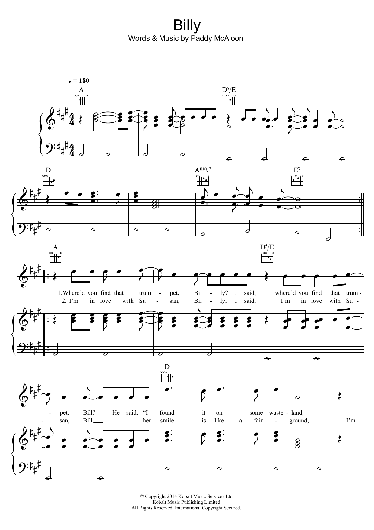 Prefab Sprout Billy Sheet Music Notes & Chords for Piano, Vocal & Guitar (Right-Hand Melody) - Download or Print PDF