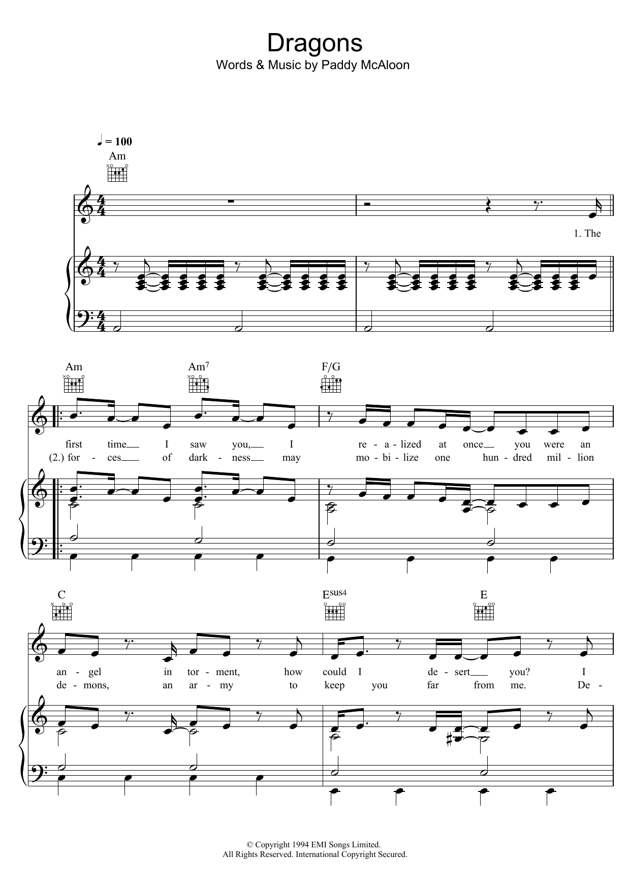 Prefab Sprout Dragons Sheet Music Notes & Chords for Piano, Vocal & Guitar (Right-Hand Melody) - Download or Print PDF