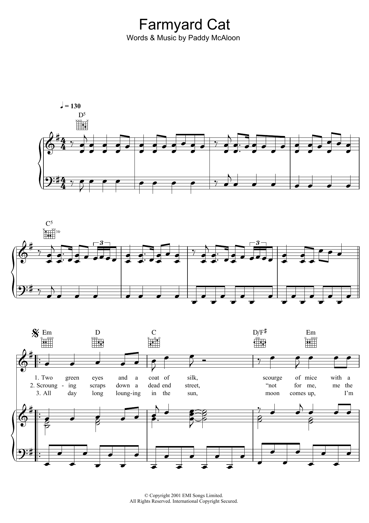 Prefab Sprout Farmyard Cat Sheet Music Notes & Chords for Piano, Vocal & Guitar (Right-Hand Melody) - Download or Print PDF
