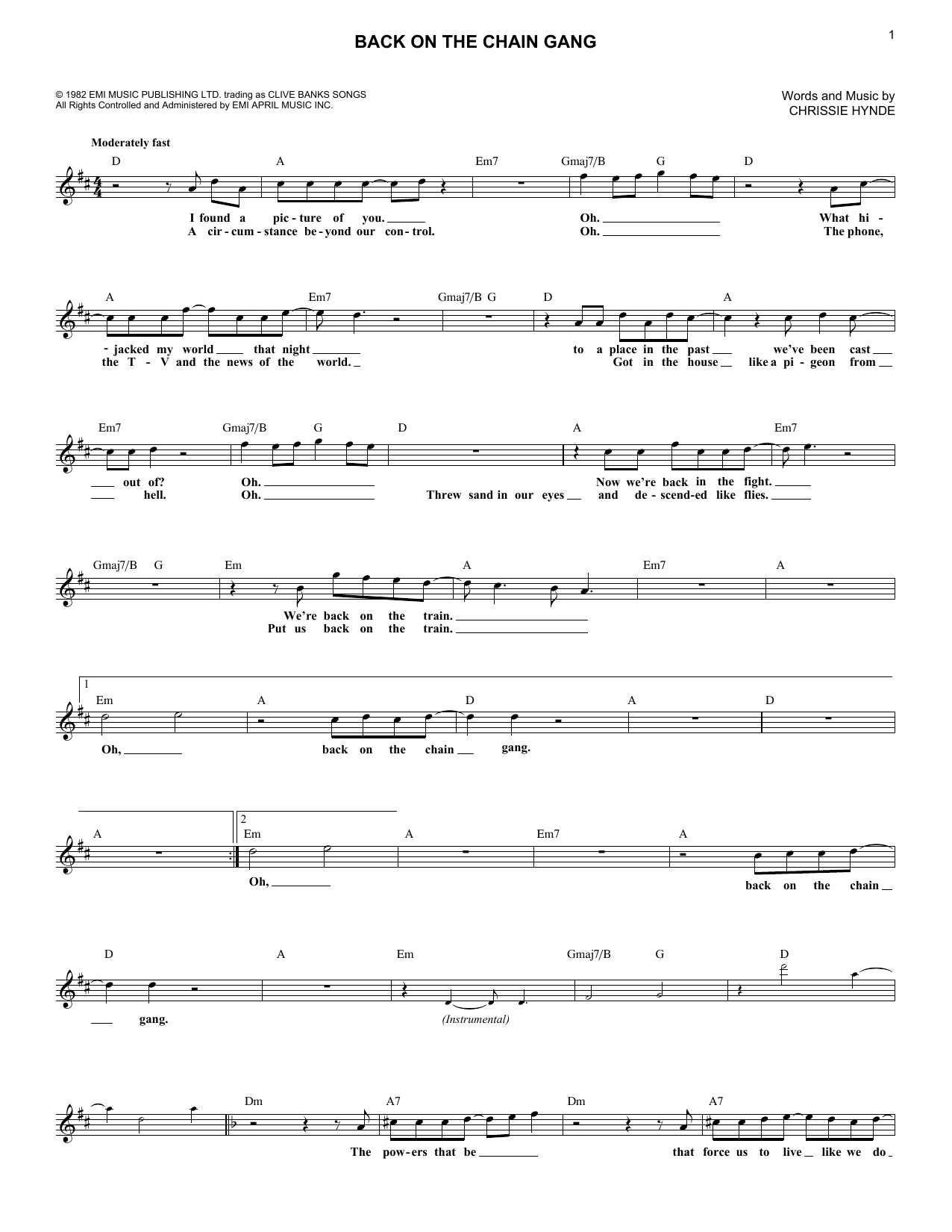 The Pretenders Back On The Chain Gang Sheet Music Notes & Chords for Melody Line, Lyrics & Chords - Download or Print PDF