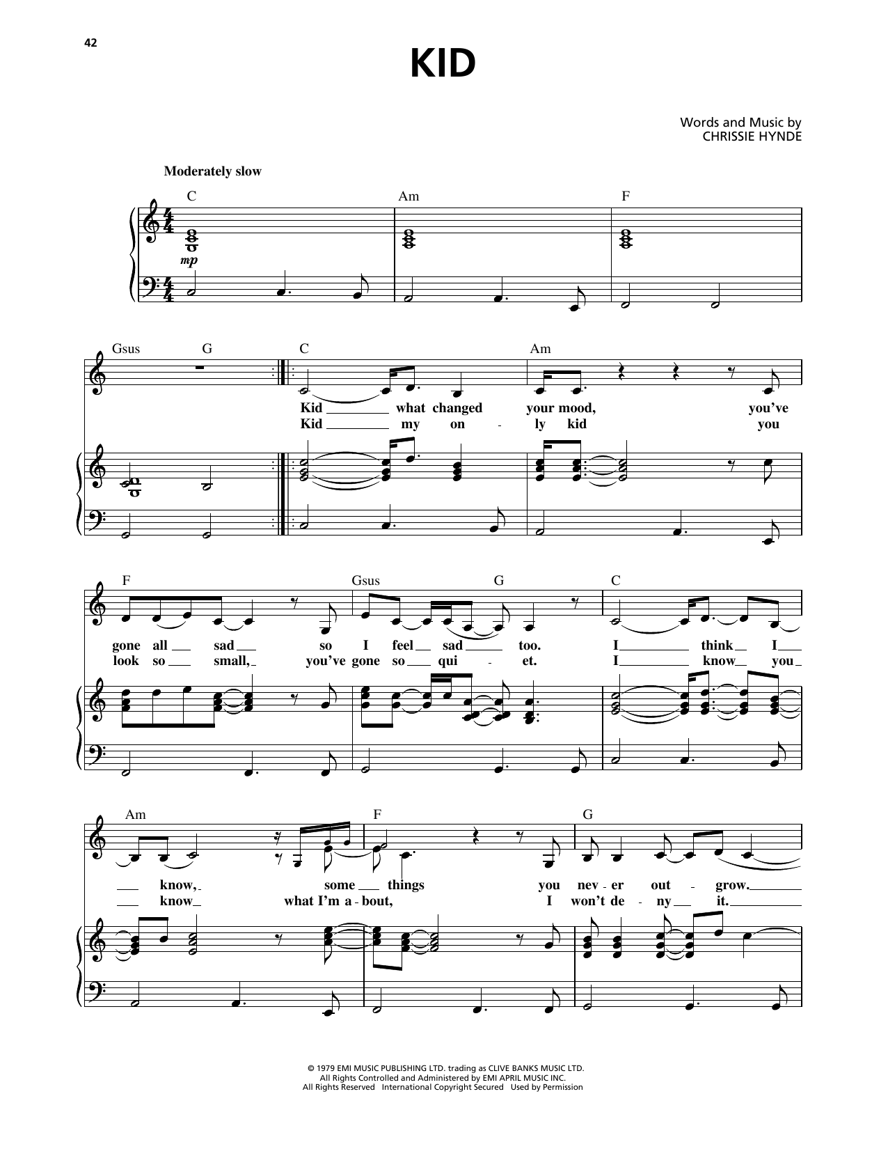 Pretenders Kid Sheet Music Notes & Chords for Piano, Vocal & Guitar Chords (Right-Hand Melody) - Download or Print PDF
