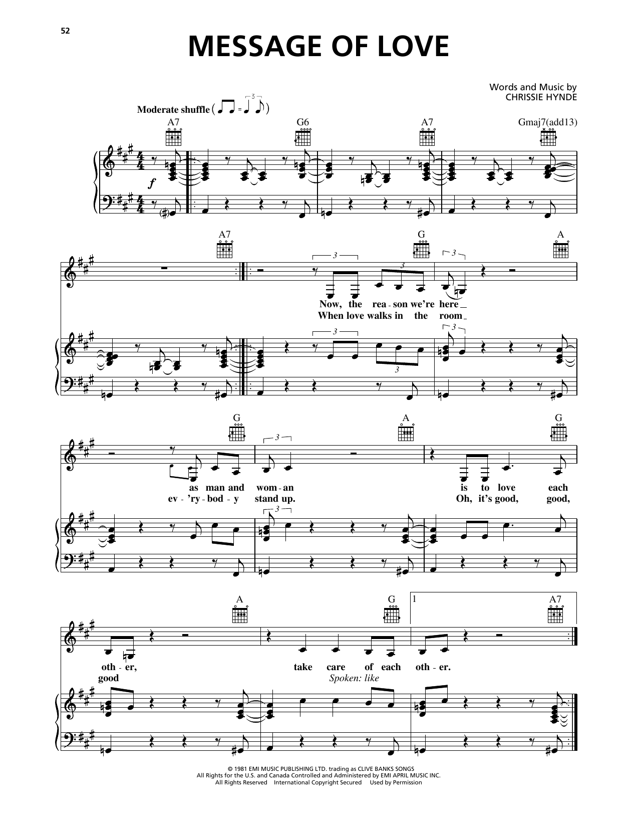 Pretenders Message Of Love Sheet Music Notes & Chords for Piano, Vocal & Guitar Chords (Right-Hand Melody) - Download or Print PDF