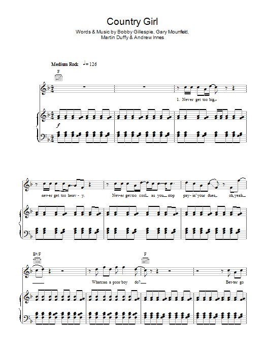 Primal Scream Country Girl Sheet Music Notes & Chords for Piano, Vocal & Guitar - Download or Print PDF
