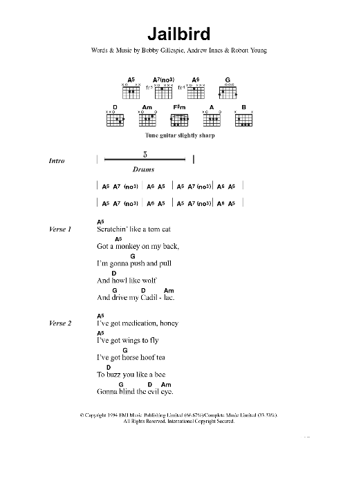 Primal Scream Jailbird Sheet Music Notes & Chords for Guitar Chords/Lyrics - Download or Print PDF