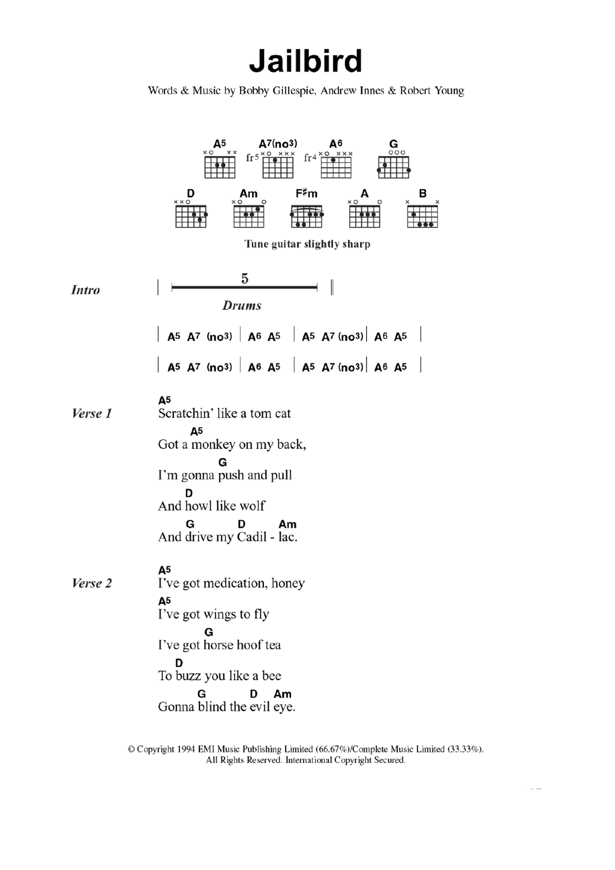 Primal Scream Jailbird Sheet Music Notes & Chords for Lyrics & Chords - Download or Print PDF
