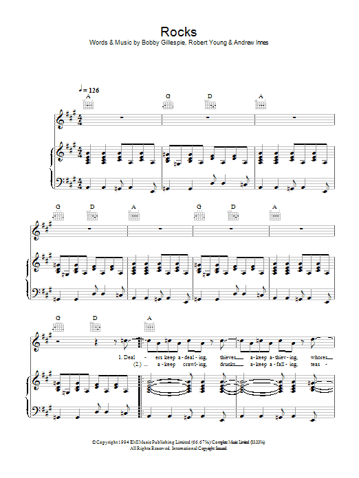 Primal Scream Rocks Sheet Music Notes & Chords for Lyrics & Piano Chords - Download or Print PDF