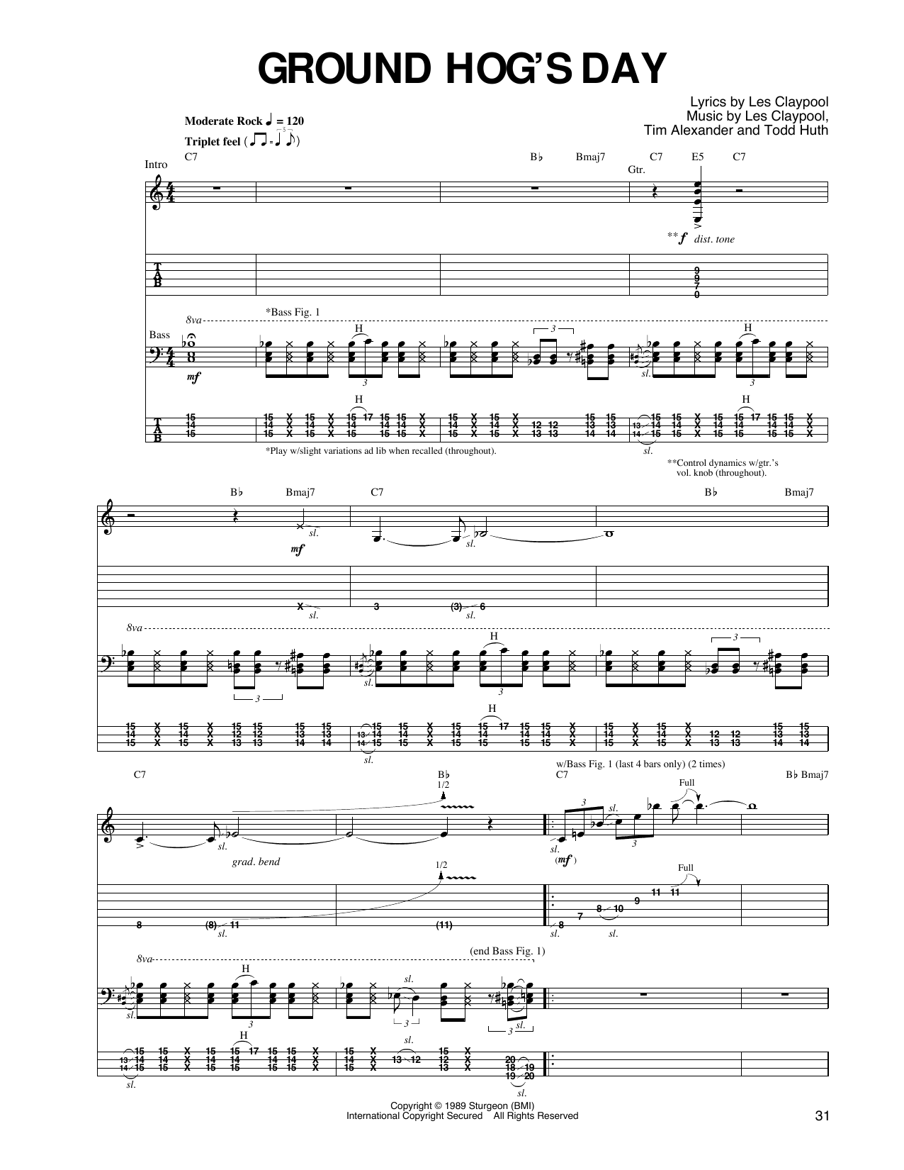 Primus Ground Hog's Day Sheet Music Notes & Chords for Guitar Tab - Download or Print PDF