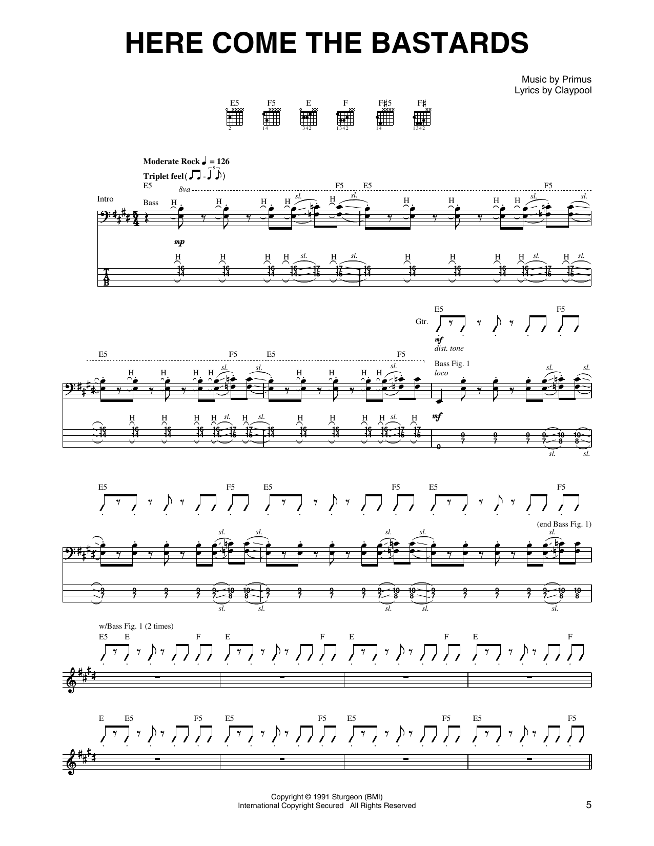 Primus Here Come The Bastards Sheet Music Notes & Chords for Guitar Tab - Download or Print PDF