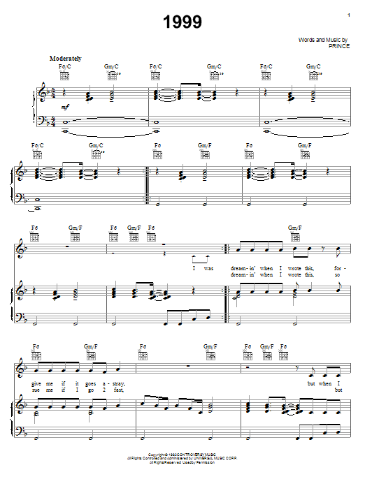 Prince 1999 Sheet Music Notes & Chords for Piano, Vocal & Guitar (Right-Hand Melody) - Download or Print PDF