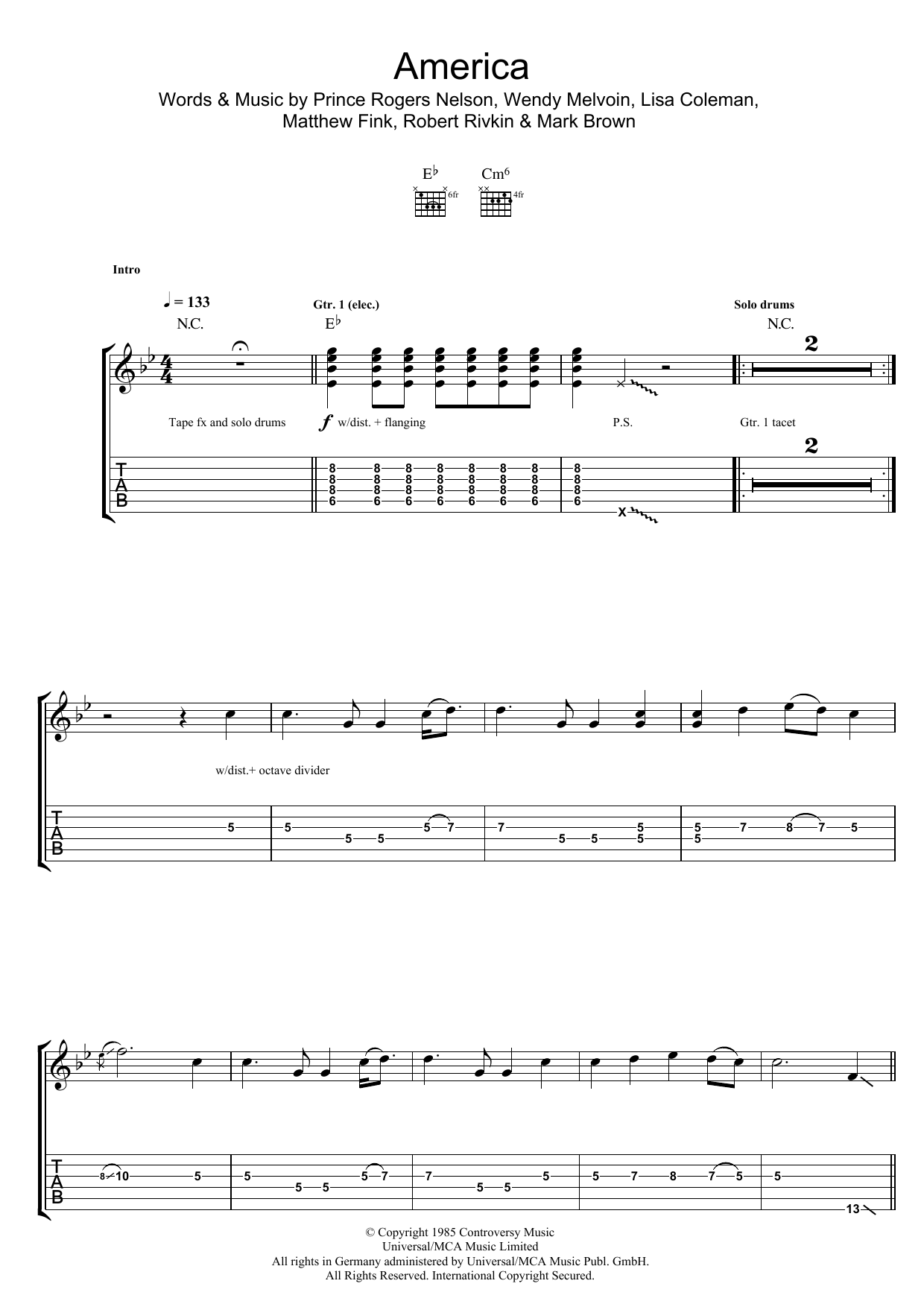 Prince & The Revolution America Sheet Music Notes & Chords for Guitar Tab - Download or Print PDF