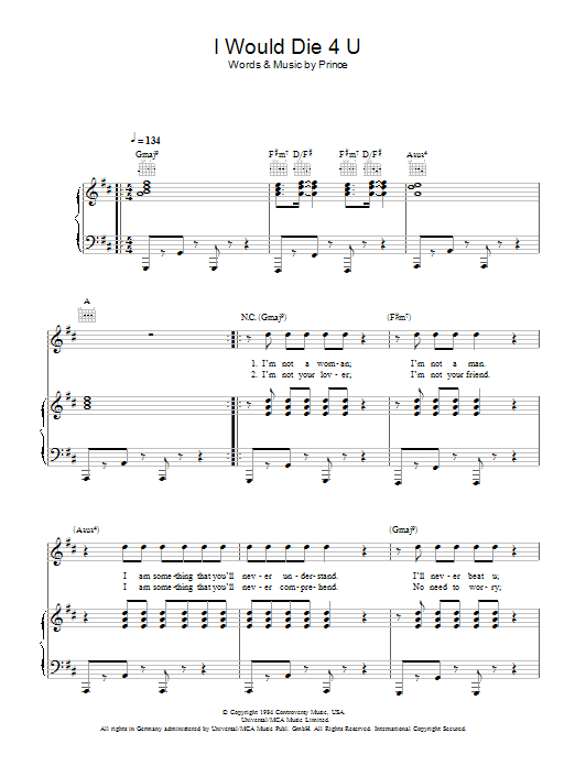 Prince & The Revolution I Would Die 4 U Sheet Music Notes & Chords for Piano, Vocal & Guitar (Right-Hand Melody) - Download or Print PDF