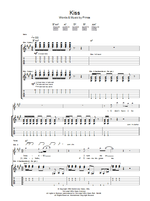 Prince & The Revolution Kiss Sheet Music Notes & Chords for Guitar Tab - Download or Print PDF