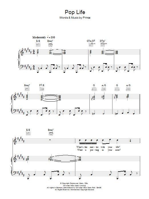 Prince & The Revolution Pop Life Sheet Music Notes & Chords for Piano, Vocal & Guitar - Download or Print PDF