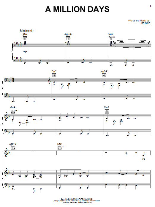 Prince A Million Days Sheet Music Notes & Chords for Piano, Vocal & Guitar (Right-Hand Melody) - Download or Print PDF Prince A Million Days Sheet Music Notes & Chords for Piano, Vocal & Guitar (Right-Hand Melody) - Download or Print PDF