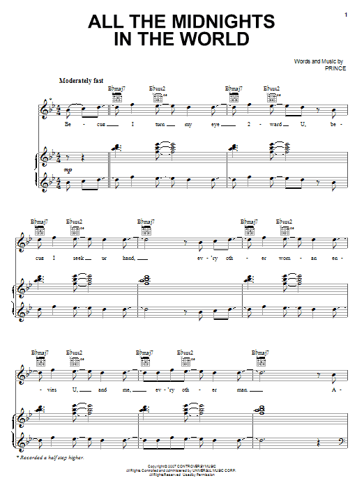 Prince All The Midnights In The World Sheet Music Notes & Chords for Piano, Vocal & Guitar (Right-Hand Melody) - Download or Print PDF