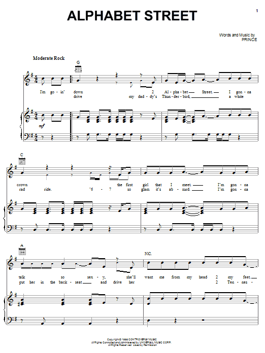 Prince Alphabet Street Sheet Music Notes & Chords for Easy Guitar Tab - Download or Print PDF