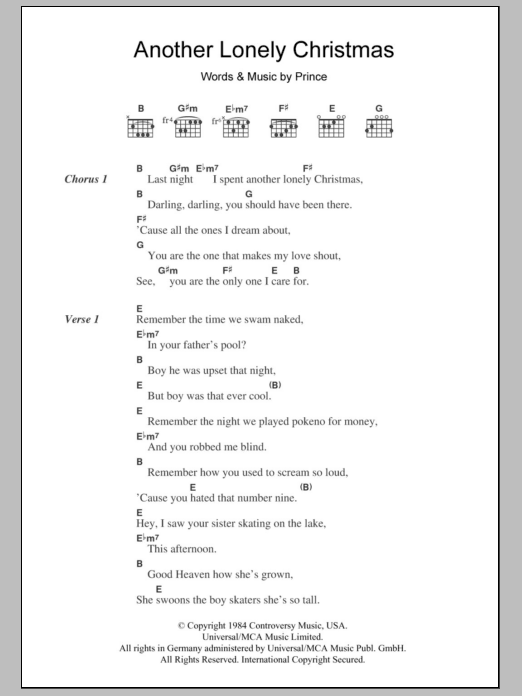 Prince Another Lonely Christmas Sheet Music Notes & Chords for Lyrics & Piano Chords - Download or Print PDF