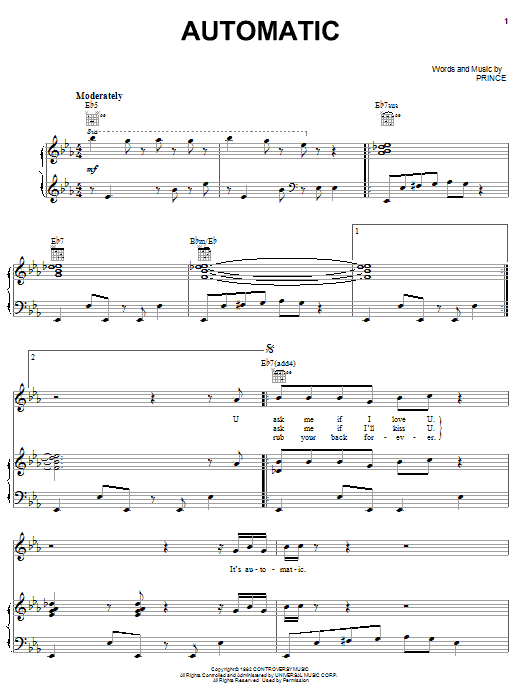 Prince Automatic Sheet Music Notes & Chords for Piano, Vocal & Guitar (Right-Hand Melody) - Download or Print PDF