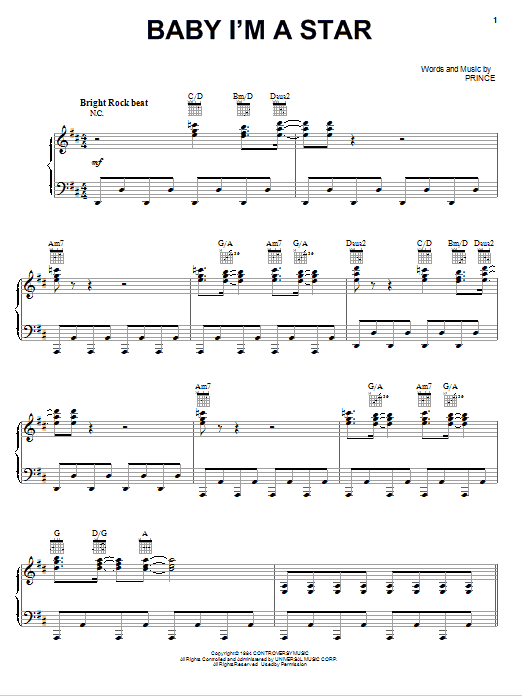 Prince Baby I'm A Star Sheet Music Notes & Chords for Piano, Vocal & Guitar (Right-Hand Melody) - Download or Print PDF