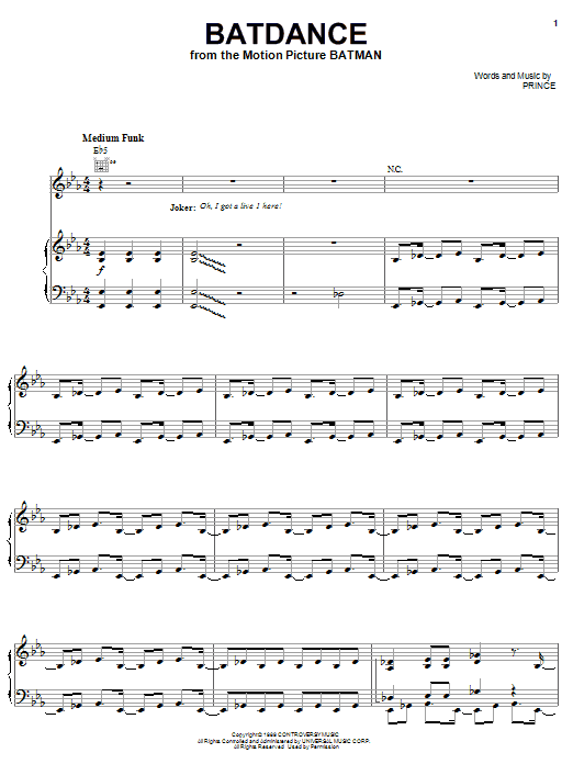 Prince Batdance Sheet Music Notes & Chords for Piano, Vocal & Guitar (Right-Hand Melody) - Download or Print PDF