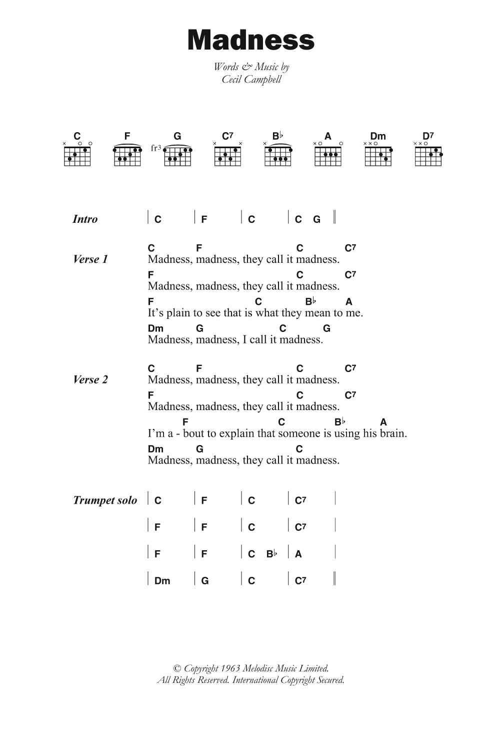 Prince Buster Madness Sheet Music Notes & Chords for Lyrics & Chords - Download or Print PDF