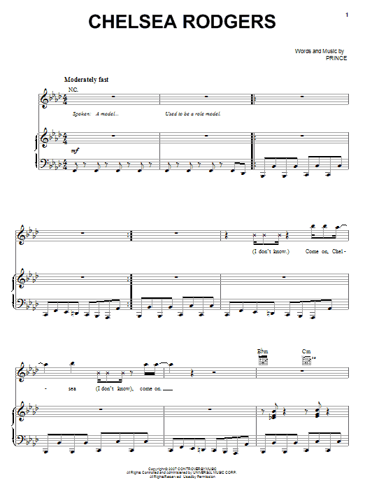 Prince Chelsea Rodgers Sheet Music Notes & Chords for Piano, Vocal & Guitar (Right-Hand Melody) - Download or Print PDF