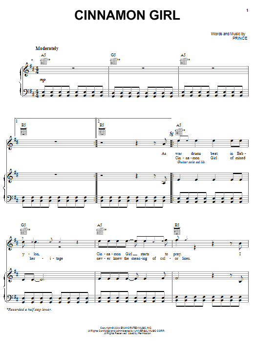 Prince Cinnamon Girl Sheet Music Notes & Chords for Piano, Vocal & Guitar (Right-Hand Melody) - Download or Print PDF