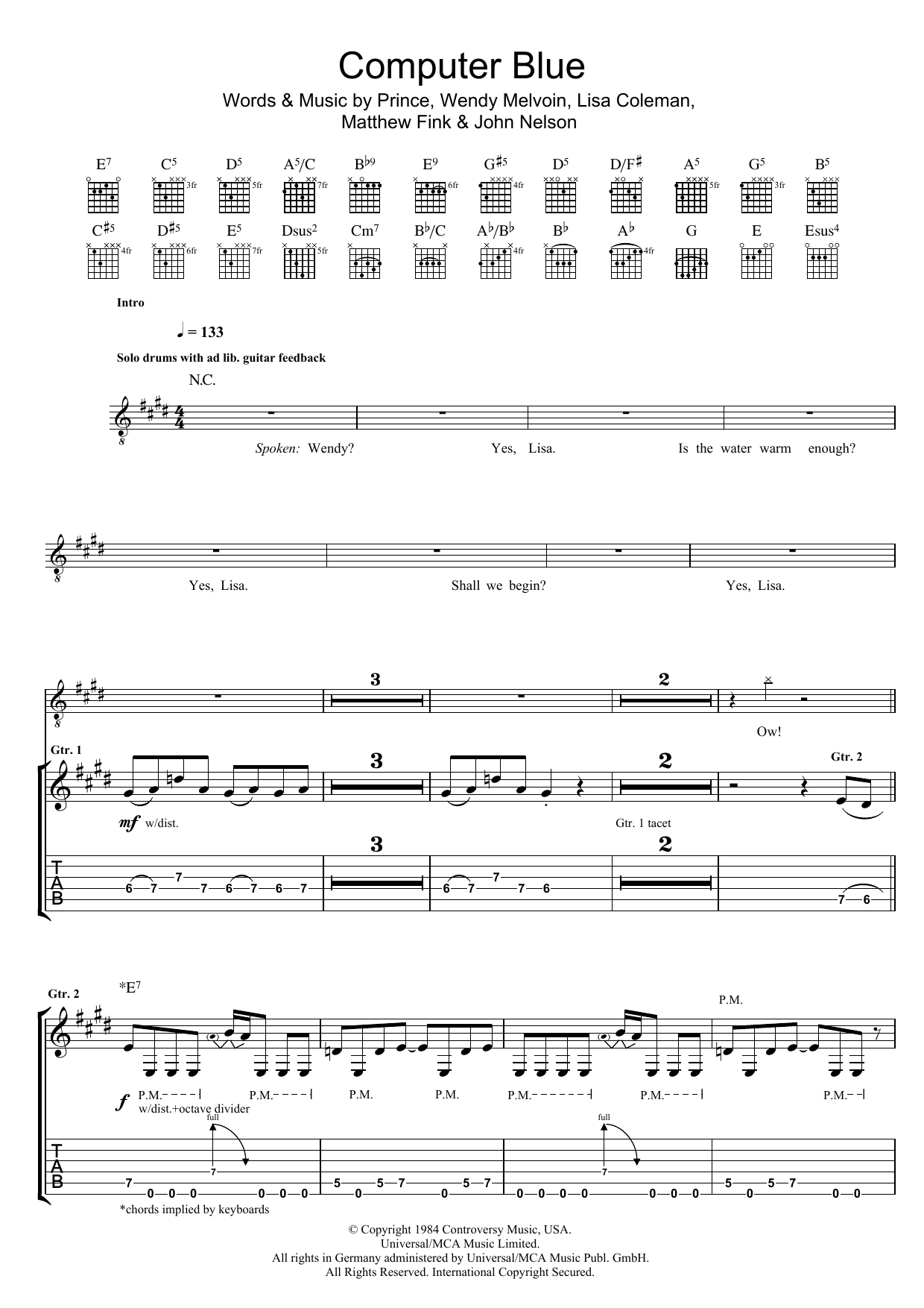 Prince Computer Blue Sheet Music Notes & Chords for Guitar Tab - Download or Print PDF