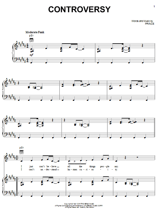 Prince Controversy Sheet Music Notes & Chords for Piano, Vocal & Guitar (Right-Hand Melody) - Download or Print PDF