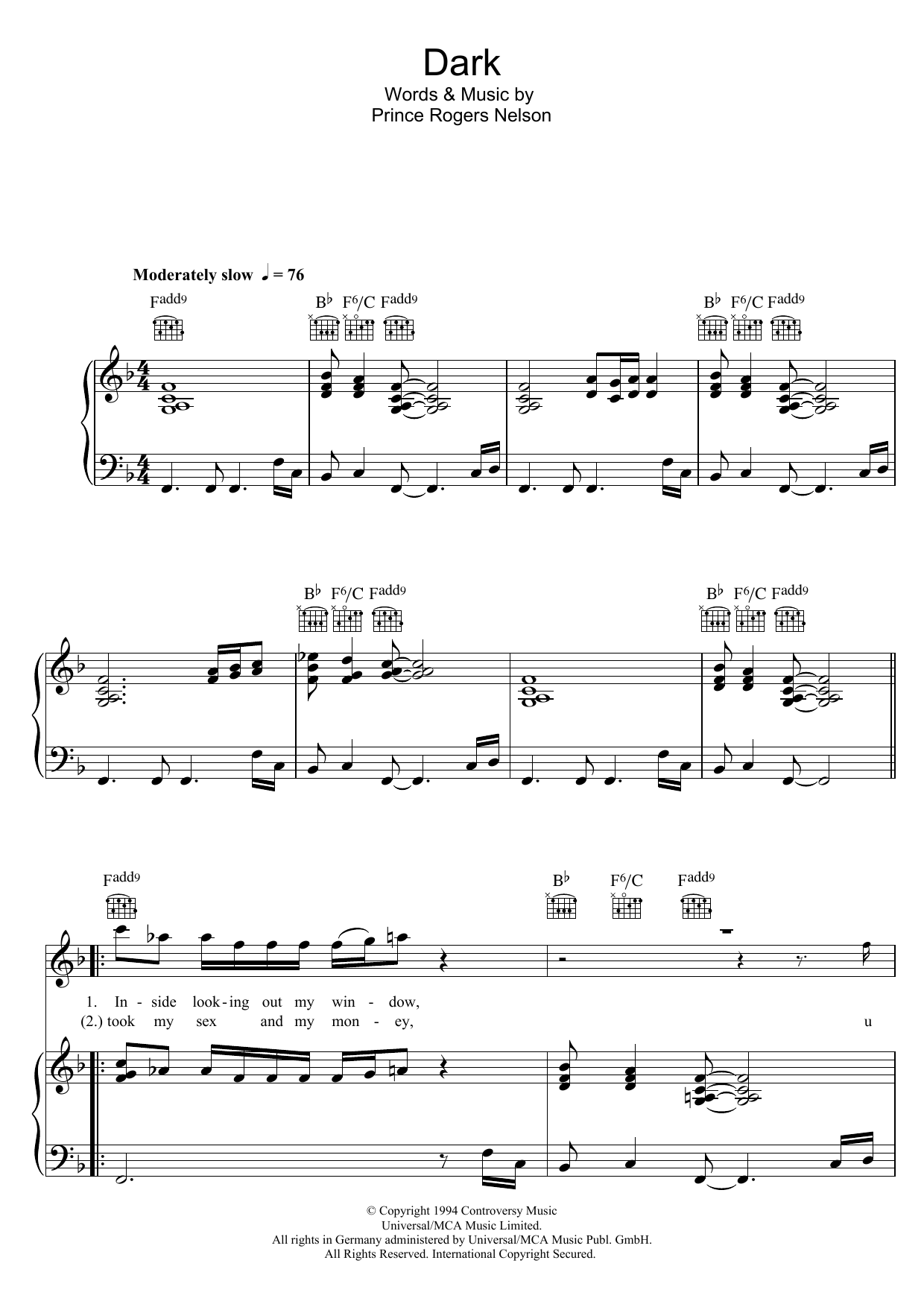 Prince Dark Sheet Music Notes & Chords for Piano, Vocal & Guitar (Right-Hand Melody) - Download or Print PDF