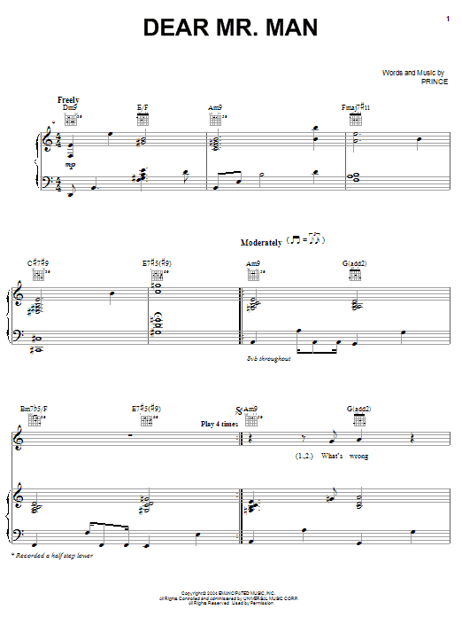 Prince Dear Mr. Man Sheet Music Notes & Chords for Piano, Vocal & Guitar (Right-Hand Melody) - Download or Print PDF