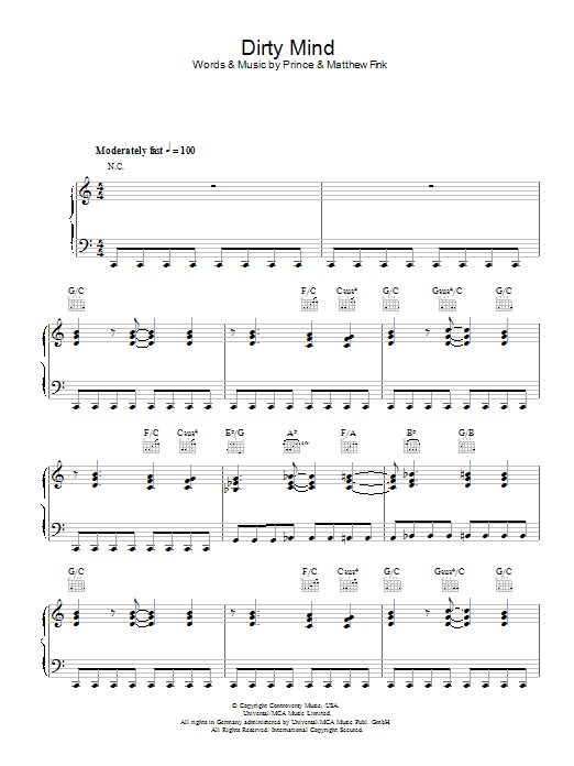 Prince Dirty Mind Sheet Music Notes & Chords for Piano, Vocal & Guitar - Download or Print PDF