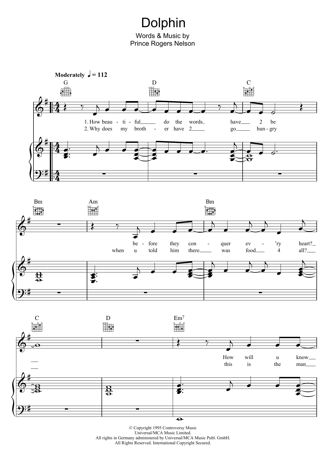 Prince Dolphin Sheet Music Notes & Chords for Piano, Vocal & Guitar (Right-Hand Melody) - Download or Print PDF