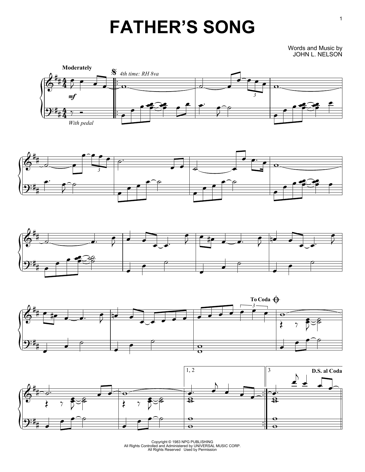 Prince Father's Song Sheet Music Notes & Chords for Piano - Download or Print PDF