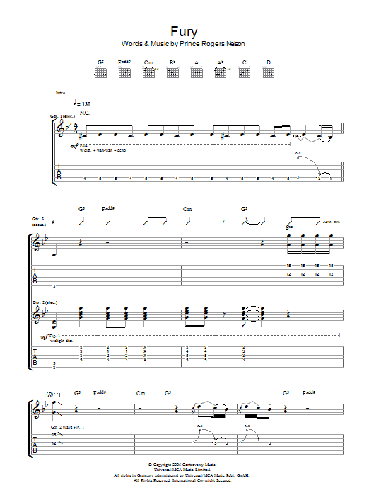 Prince Fury Sheet Music Notes & Chords for Guitar Tab - Download or Print PDF