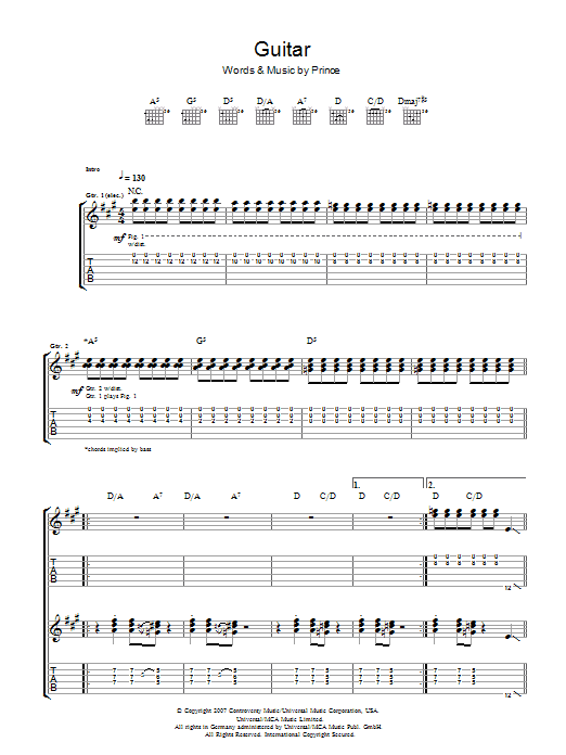 Prince Guitar Sheet Music Notes & Chords for Piano, Vocal & Guitar (Right-Hand Melody) - Download or Print PDF