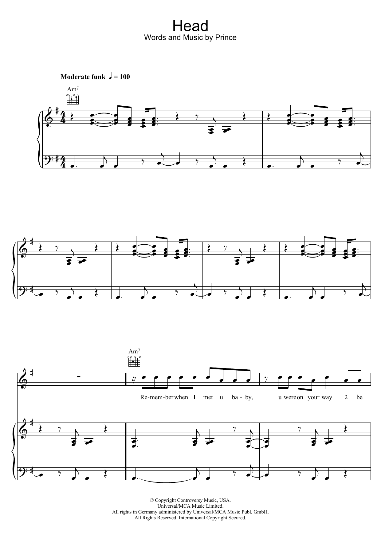 Prince Head Sheet Music Notes & Chords for Piano, Vocal & Guitar - Download or Print PDF