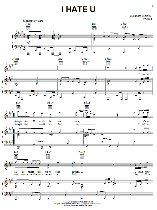 Prince I Hate U Sheet Music Notes & Chords for Piano, Vocal & Guitar - Download or Print PDF