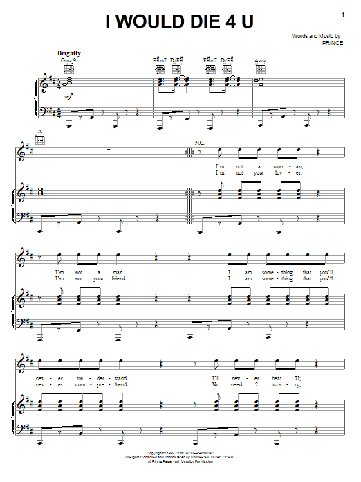 Prince I Would Die 4 U Sheet Music Notes & Chords for Guitar Tab - Download or Print PDF