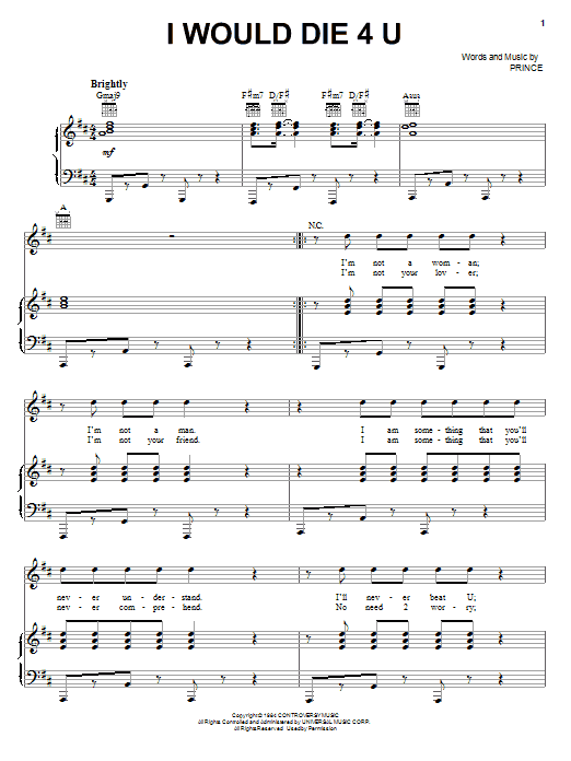 Prince I Would Die 4 U Sheet Music Notes & Chords for Piano, Vocal & Guitar (Right-Hand Melody) - Download or Print PDF