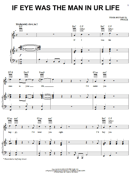 Prince If Eye Was The Man In UR Life Sheet Music Notes & Chords for Piano, Vocal & Guitar (Right-Hand Melody) - Download or Print PDF