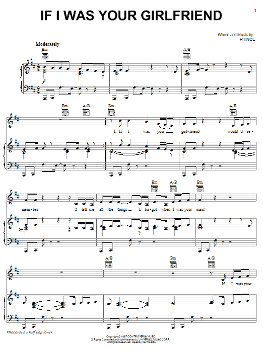 Prince If I Was Your Girlfriend Sheet Music Notes & Chords for Piano, Vocal & Guitar (Right-Hand Melody) - Download or Print PDF